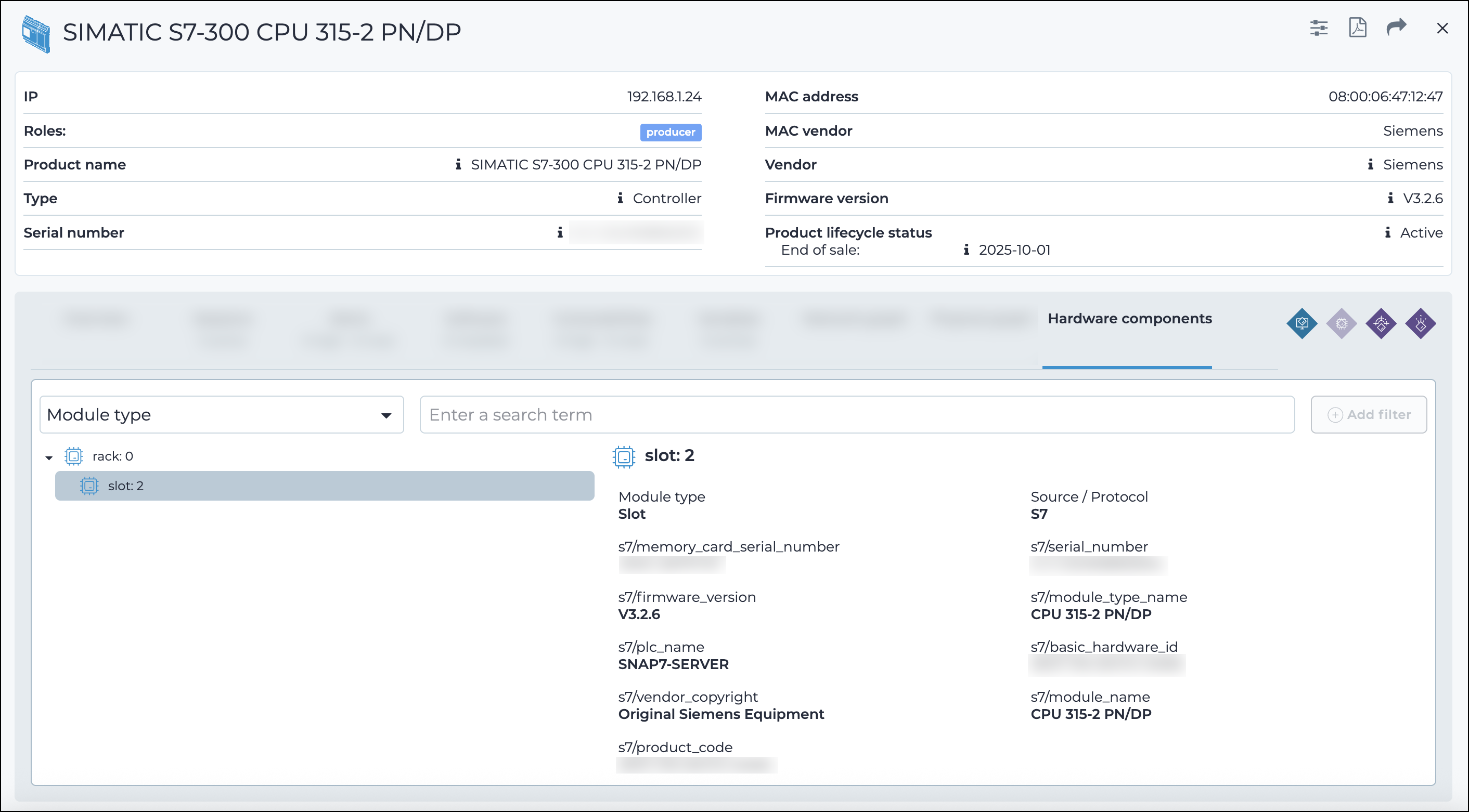 Screenshot of the Hardware components tab displaying asset information such as IP address, firmware version, product lifecycle status, and detailed module data