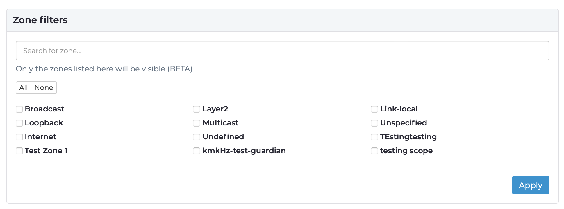 Zone filters page