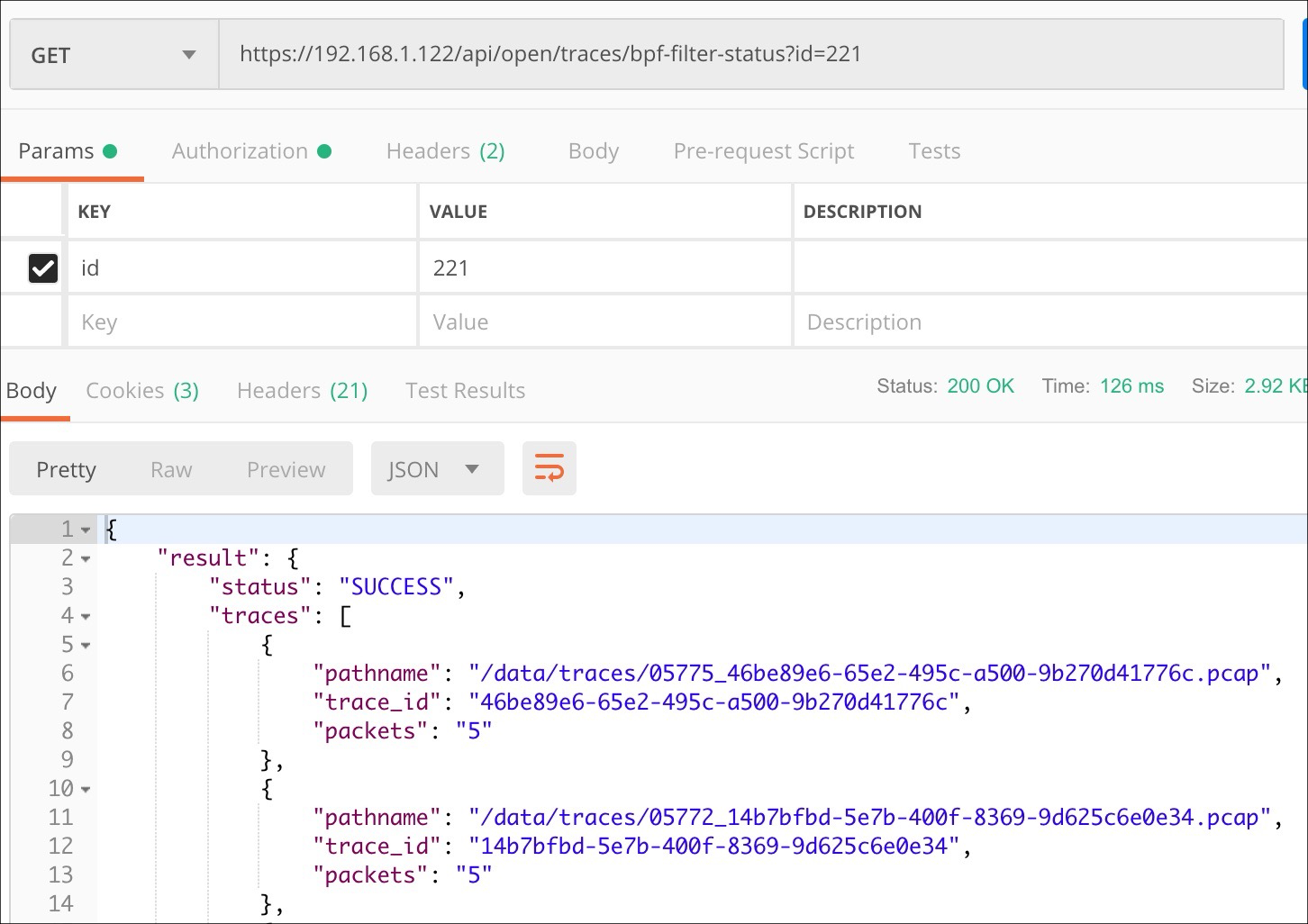 Example of traces/bpf-filter-status request