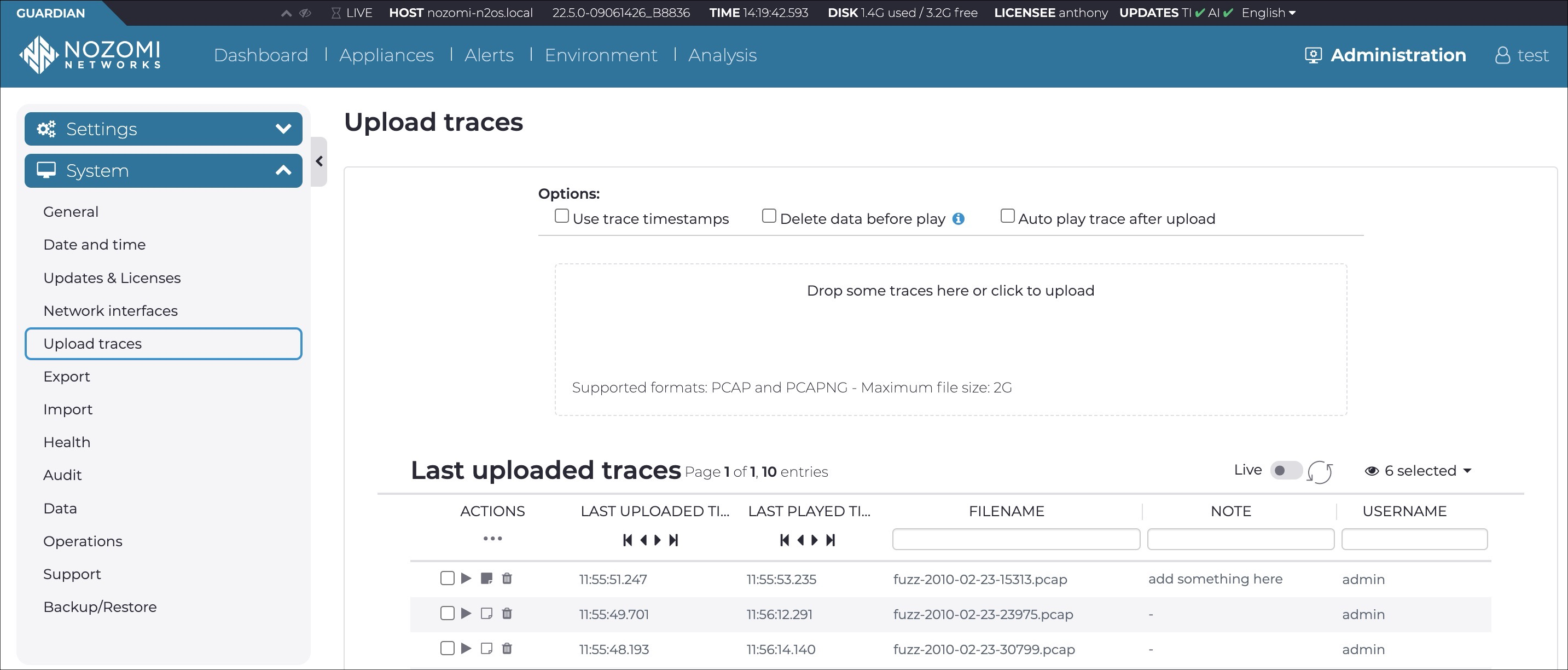 Upload traces page