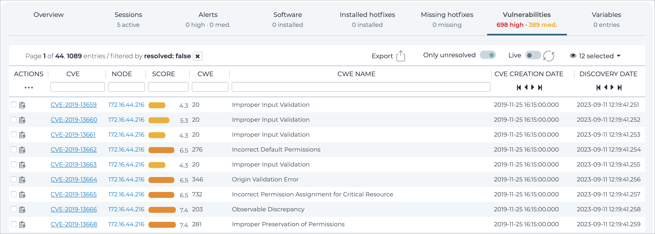 Vulnerabilities tab