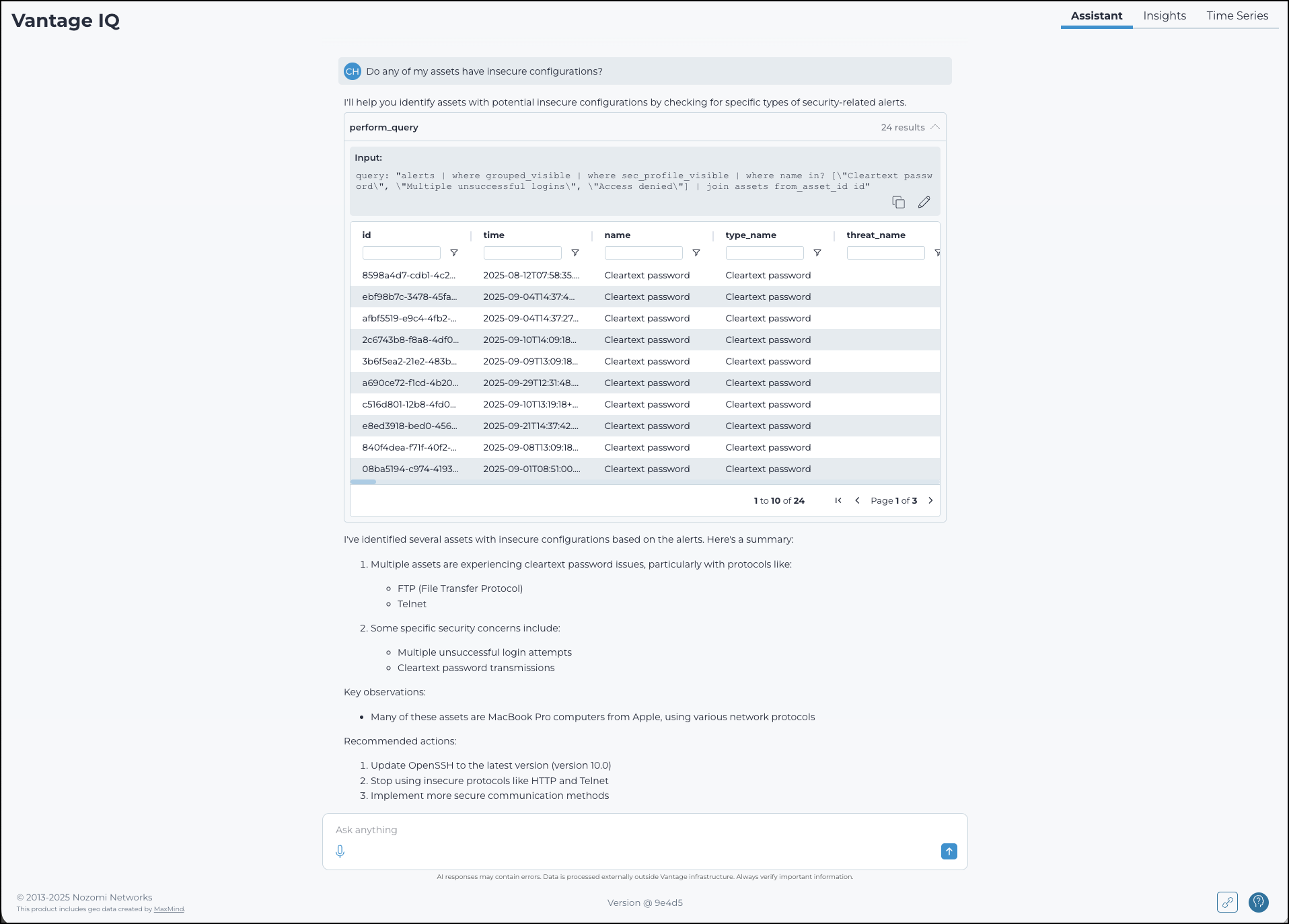 Vantage IQ Assistant displaying a query and results that identify assets with cleartext password issues