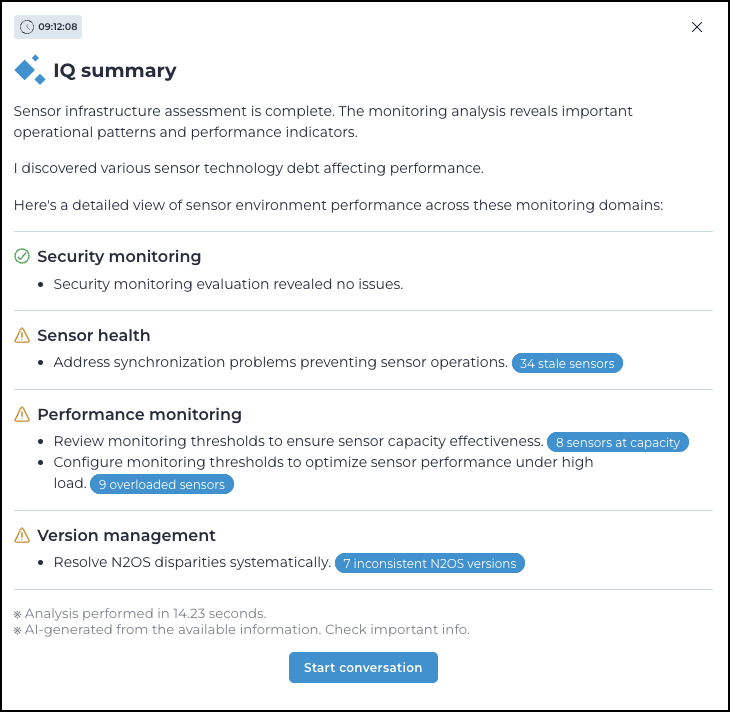 Detailed IQ summary showing sensor health, performance monitoring, version management, and security monitoring results
