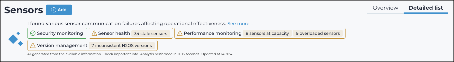 Insights summary bar on the Sensors page with alert categories including stale sensors, version issues, and capacity warnings