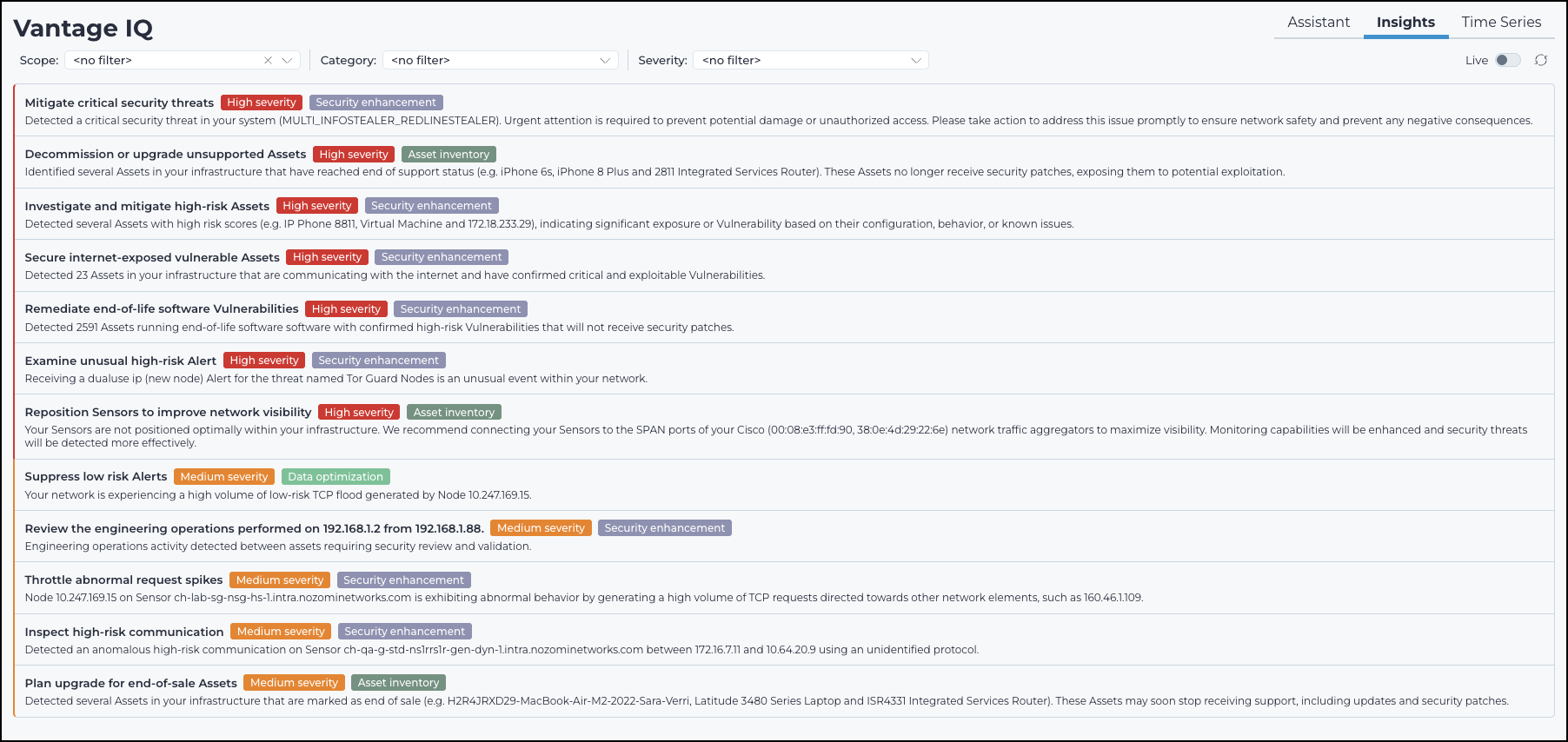 Vantage IQ Insights tab showing a table of categorized alerts with severity levels and recommendations