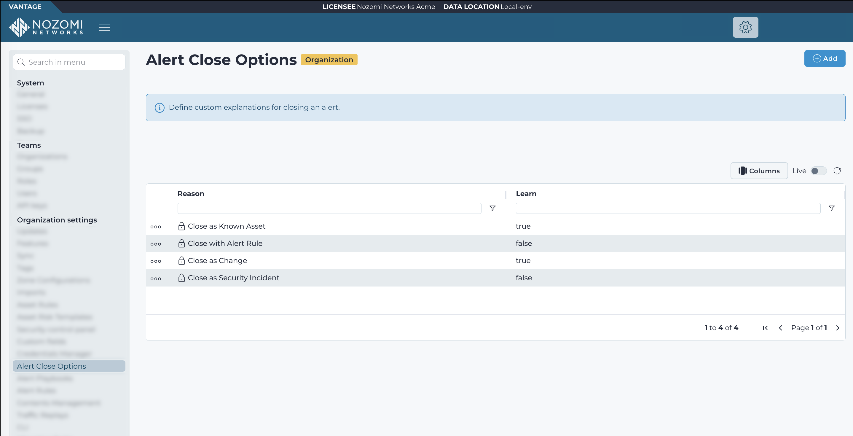 The Alert Close Options table listing built-in and custom alert closing options, with columns for Created at, Updated at, Reason, and Learn.