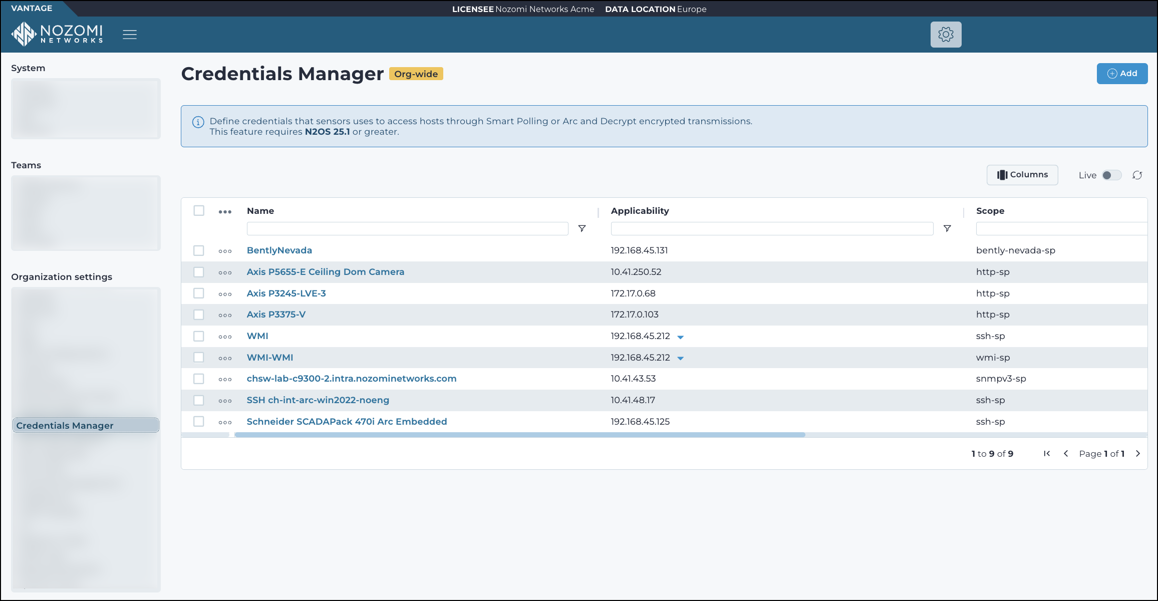 Credentials Manager interface showing a list of credentials with columns for name, applicability, and scope, and buttons for Add, Columns, Live, and Refresh.