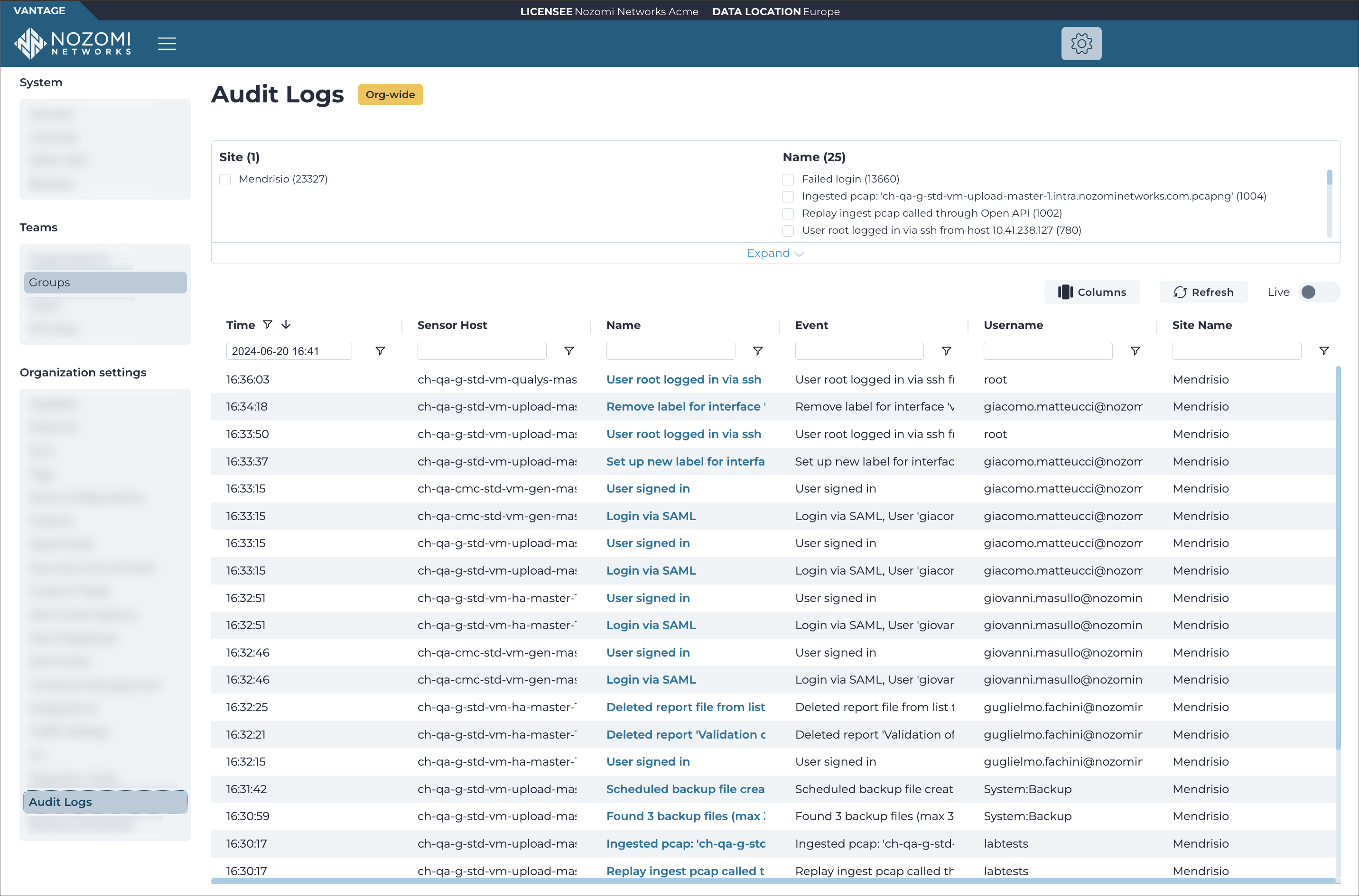 Audit logs page