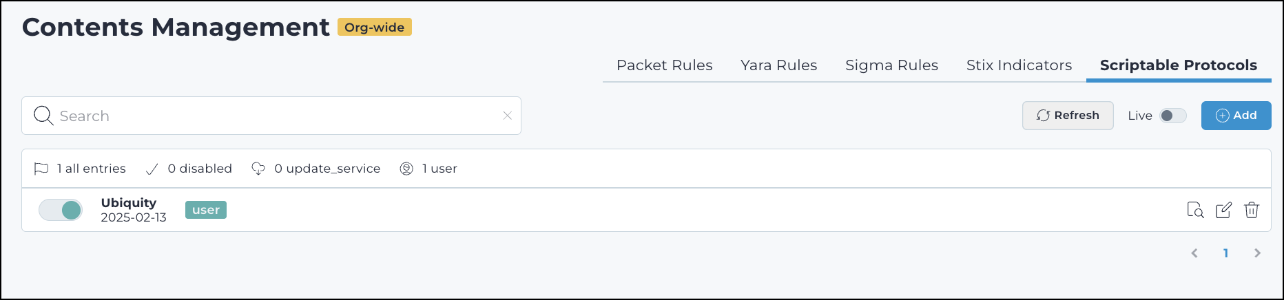 Screenshot of the Scriptable Protocols page with uploaded protocol definitions and management tools.