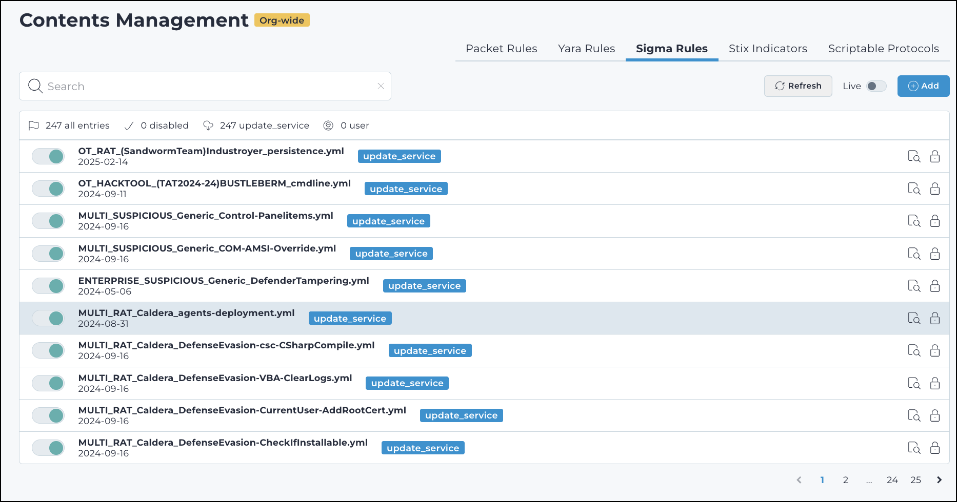 Screenshot of the Sigma Rules page listing detection rules and available management actions.