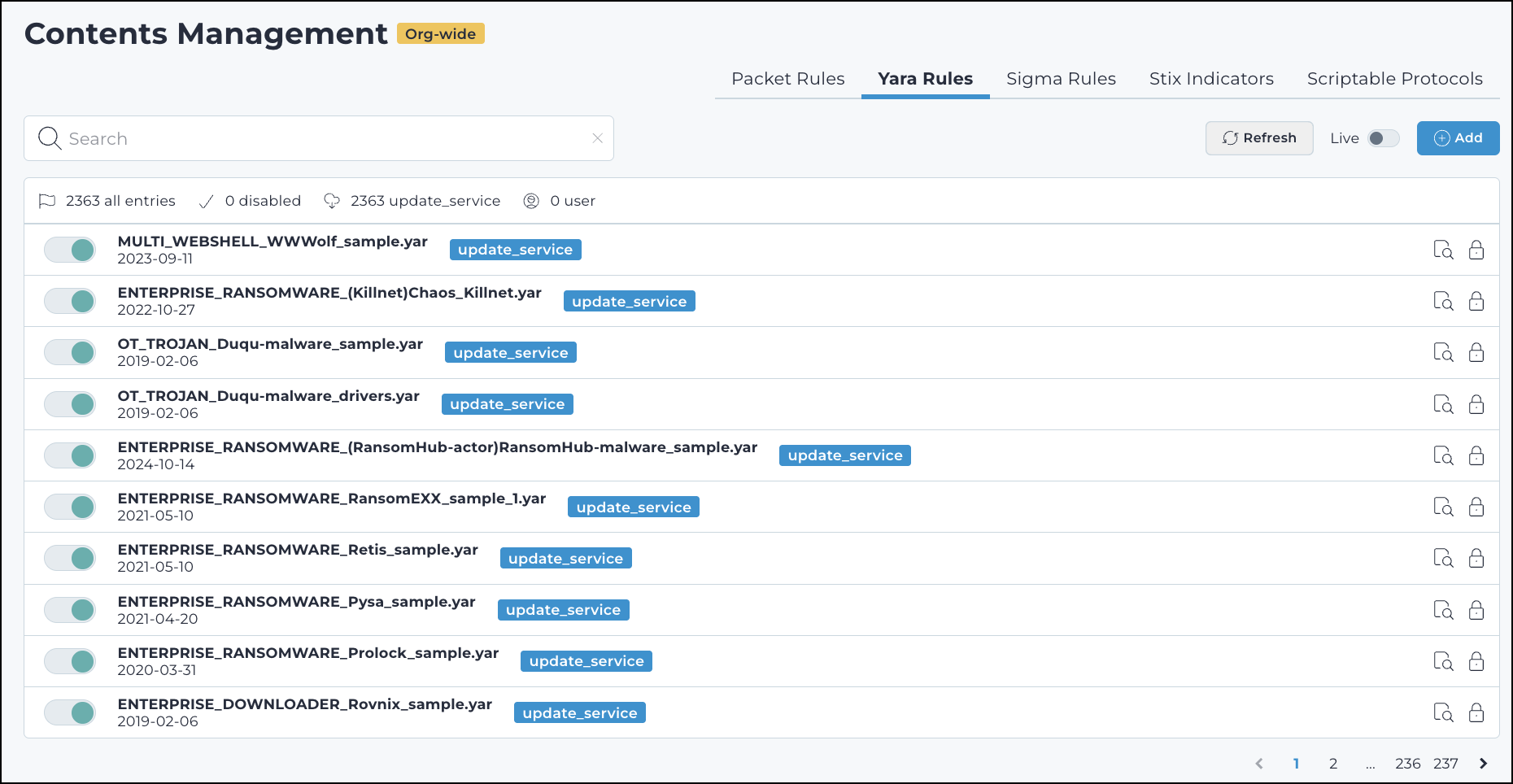 Screenshot of the Yara Rules page displaying existing Yara rules and management actions.
