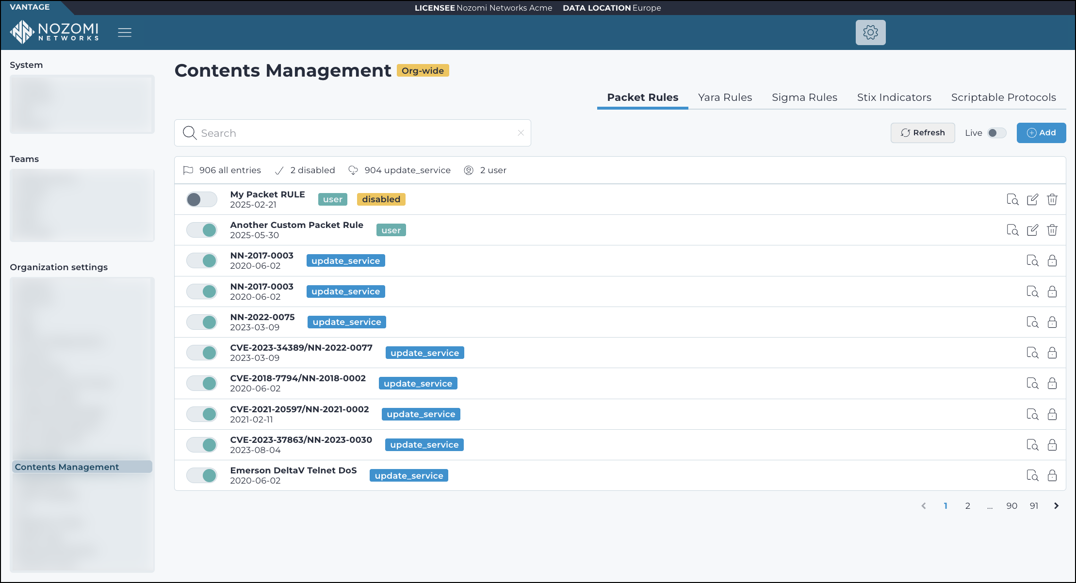 Screenshot of the Contents Management page showing tabs for different detection content types.