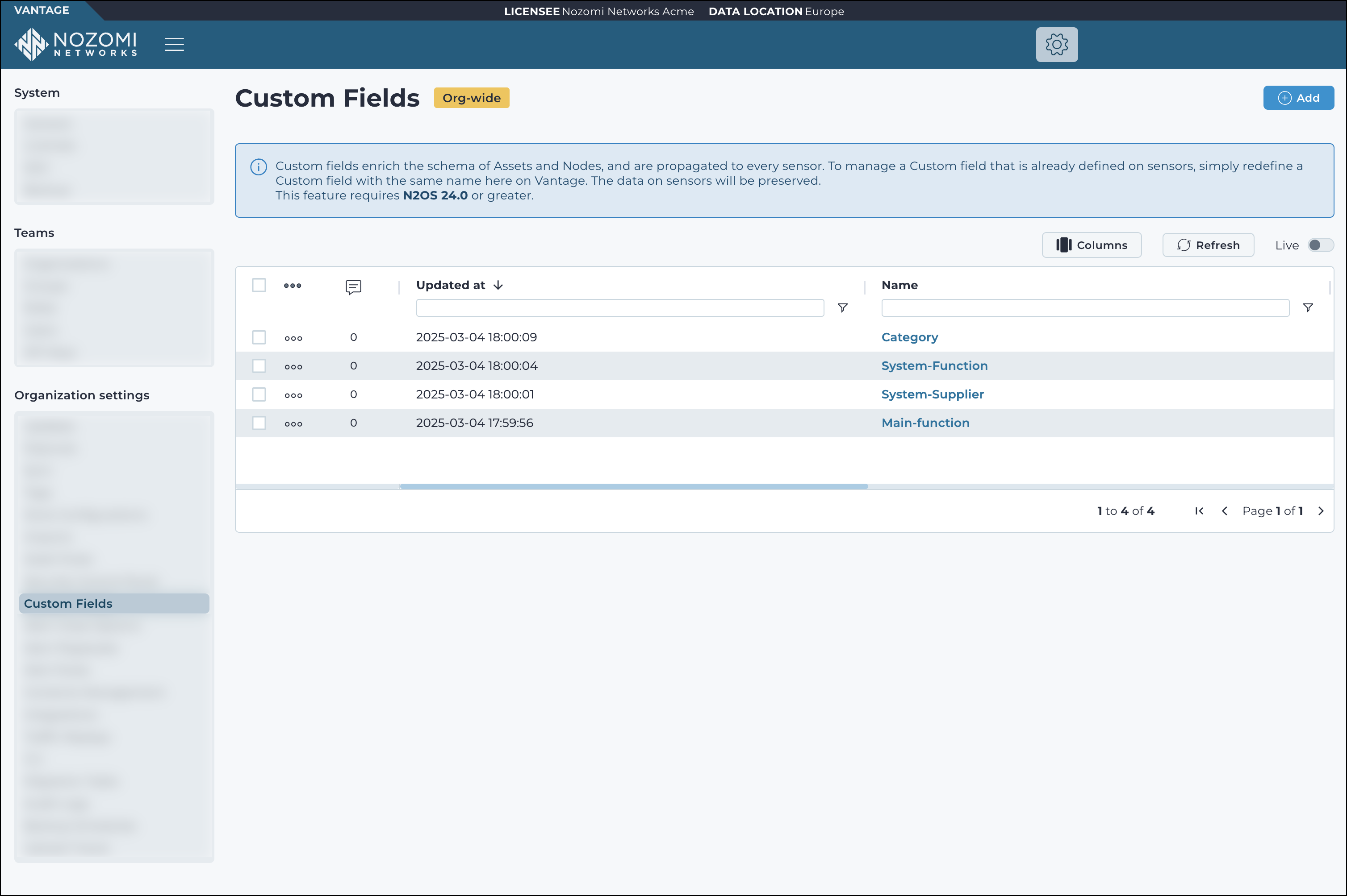 Screenshot of the Custom Fields page showing a table with field names, update timestamps, and an Add button.