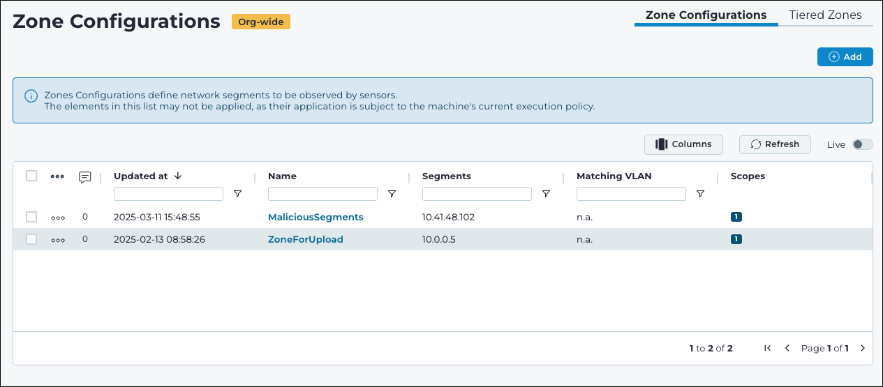 Zone Configurations page