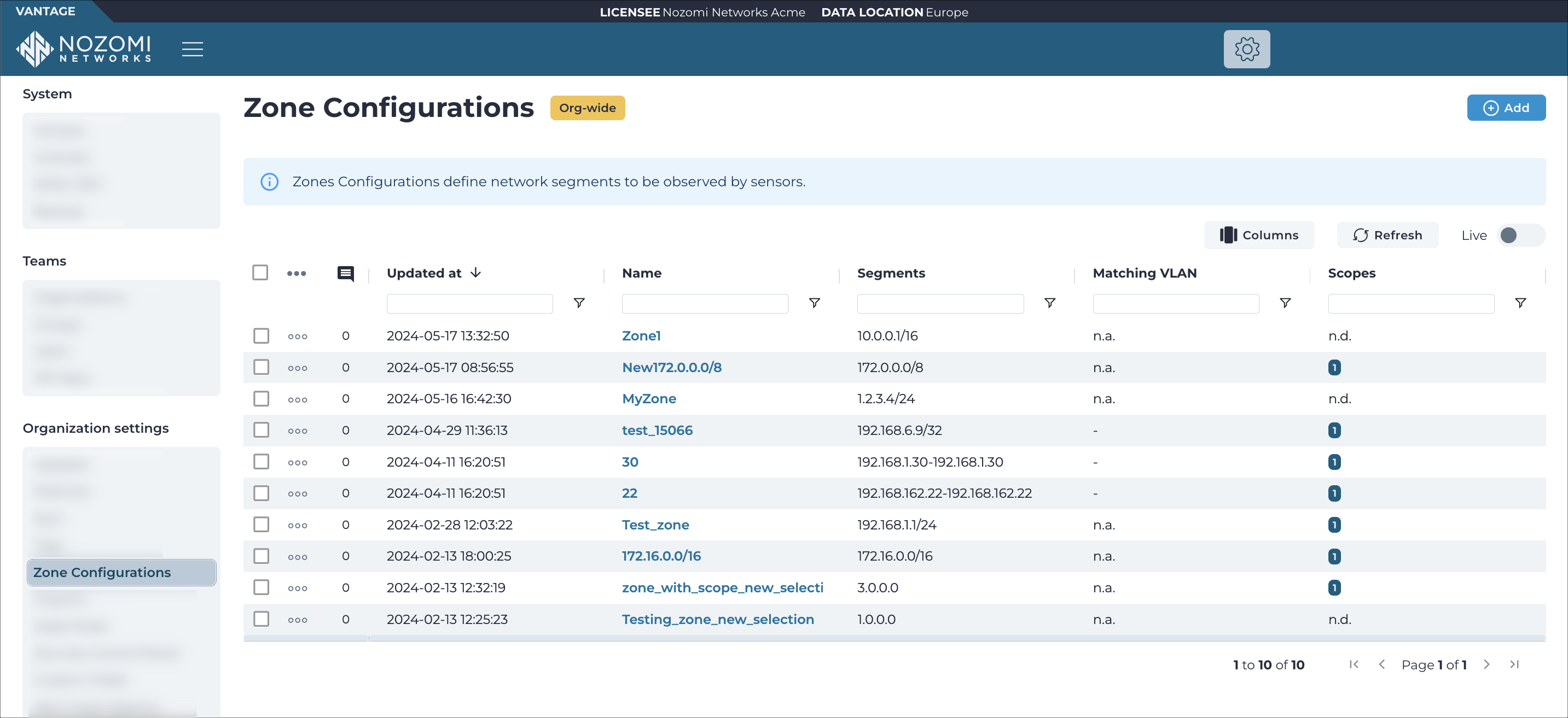 Zone Configurations page