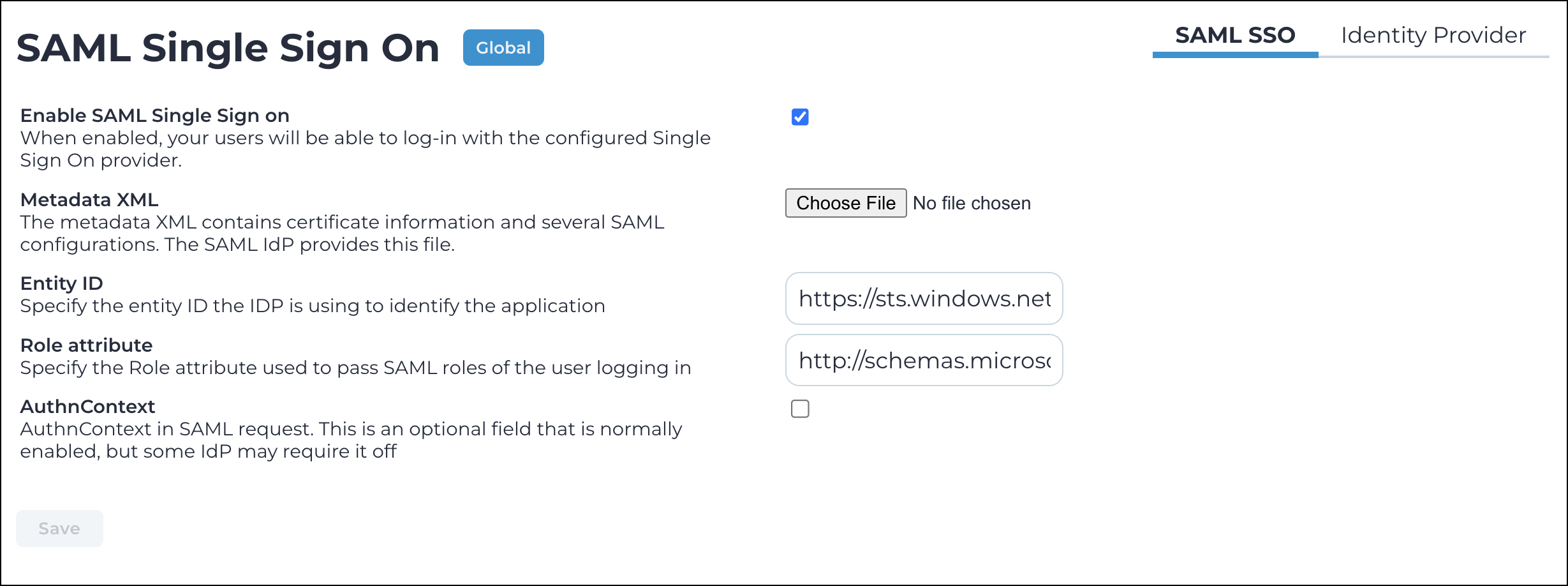 Screenshot of the SAML SSO page showing options to configure Single Sign-On using SAML integration