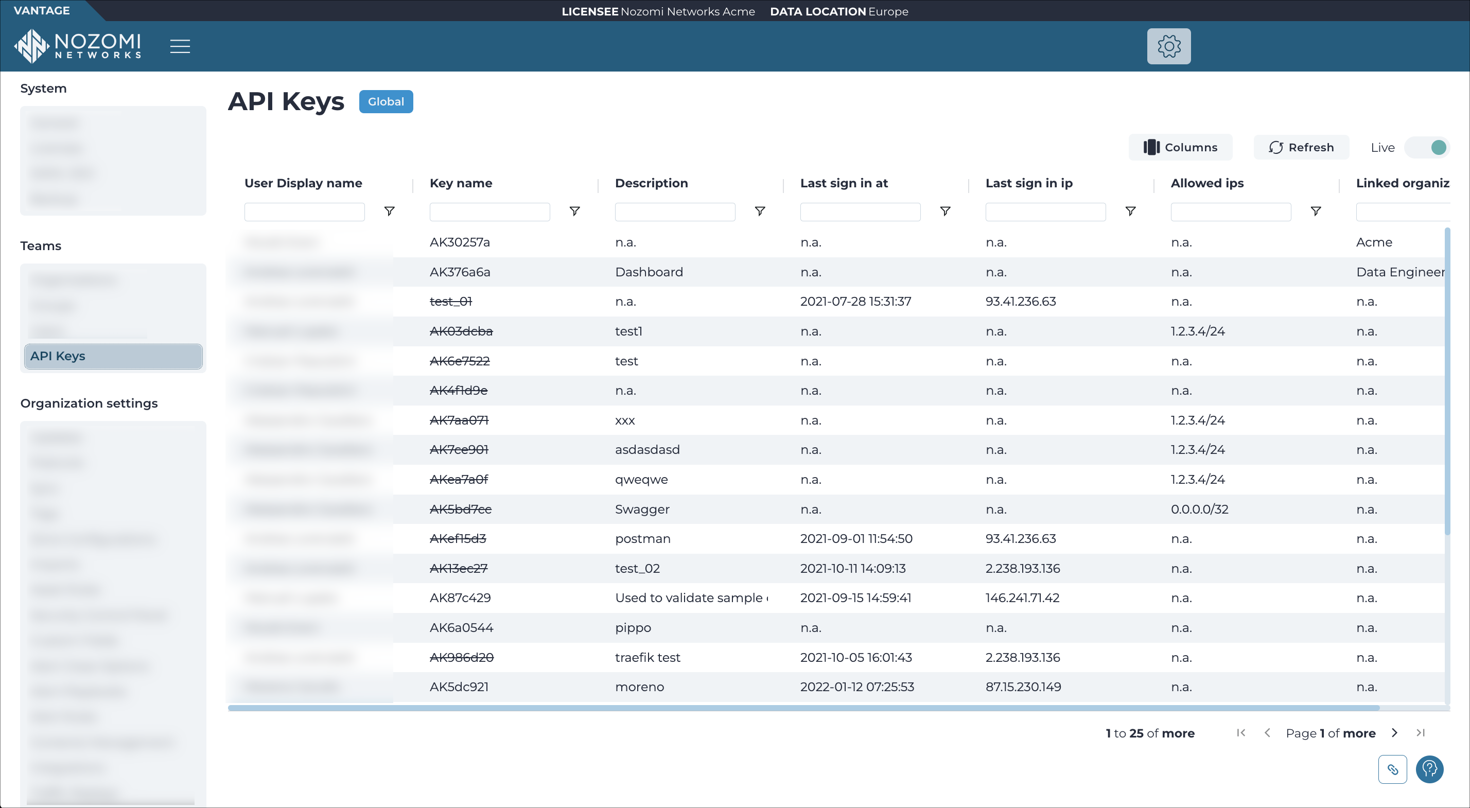 API Keys page