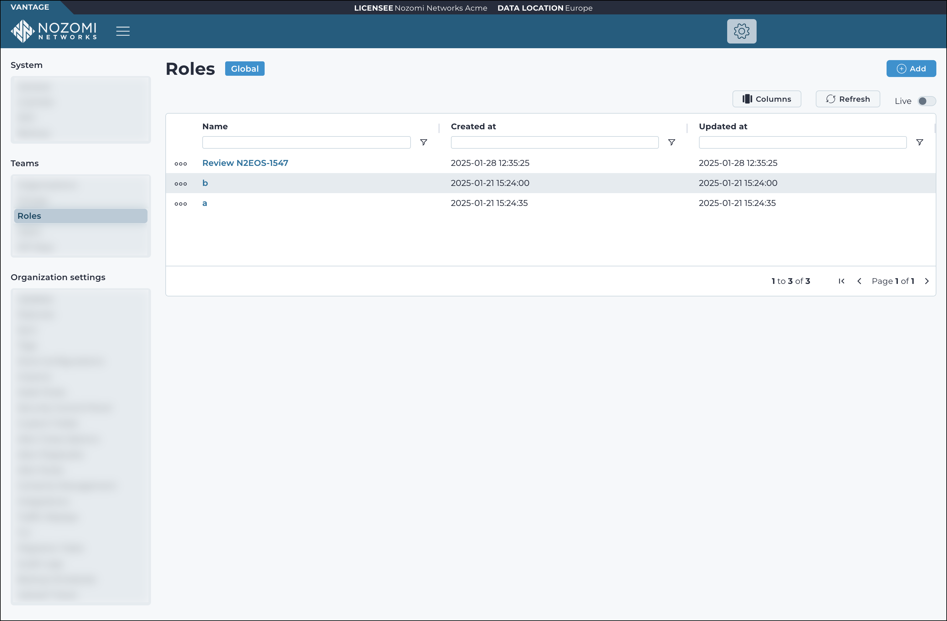 The Roles page in Vantage, showing a list of assigned user roles with creation and update timestamps