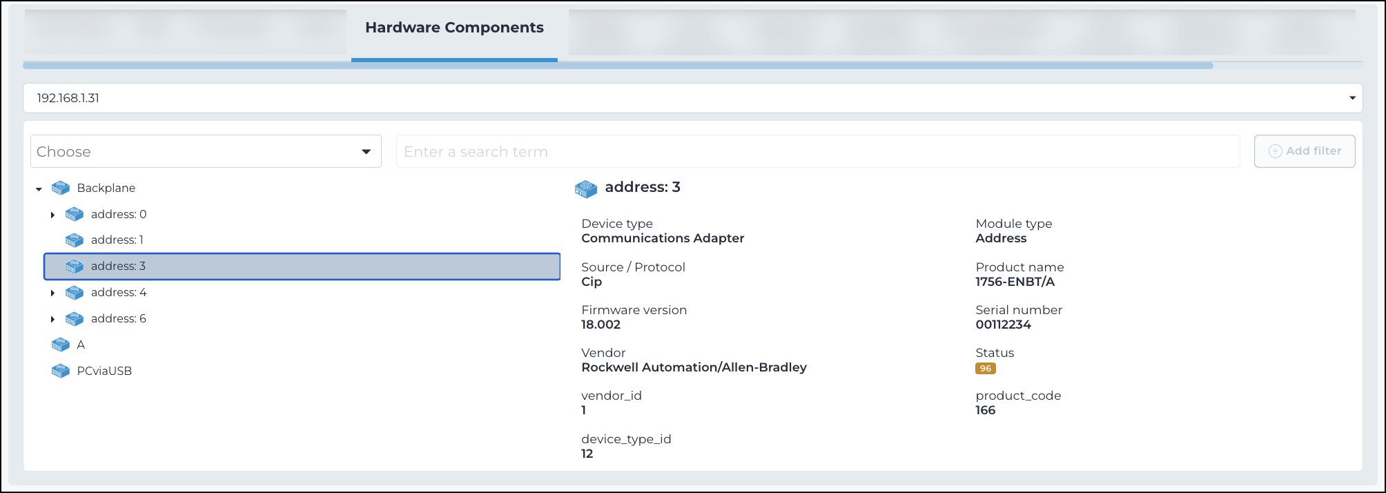 Screenshot of the Hardware components tab showing detailed asset information, including controller type, firmware version, vendor, lifecycle status, and connected module data