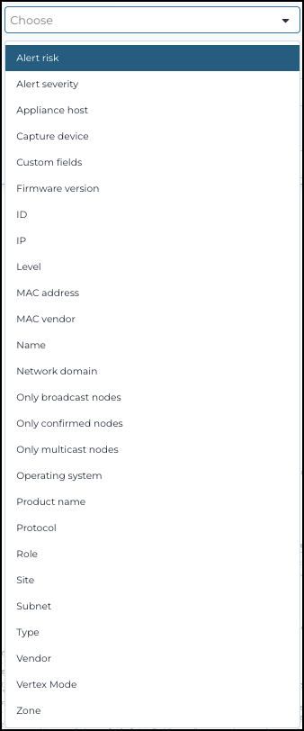 Filter dropdown menu showing selectable criteria such as Asset ID, IP, Subnet, Vendor, Firmware version, Product name, MAC address, Operating system, Zones, Roles, and more.