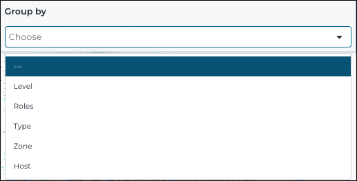 Dropdown menu showing options to group nodes in the graph, including categories like zone, site, and system type.