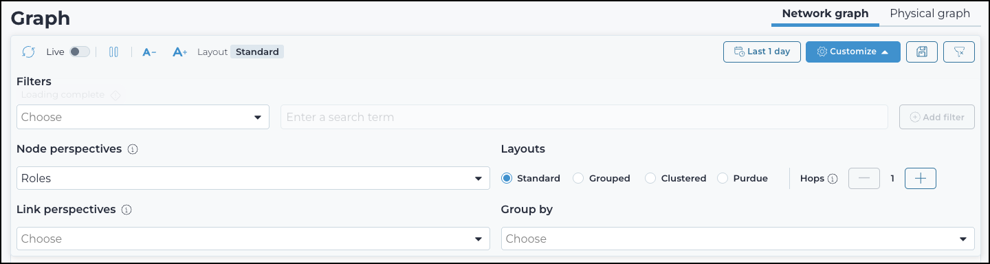 Graph customization panel with options to change layout and toggle filters, nodes, and links in the Vantage graph view.