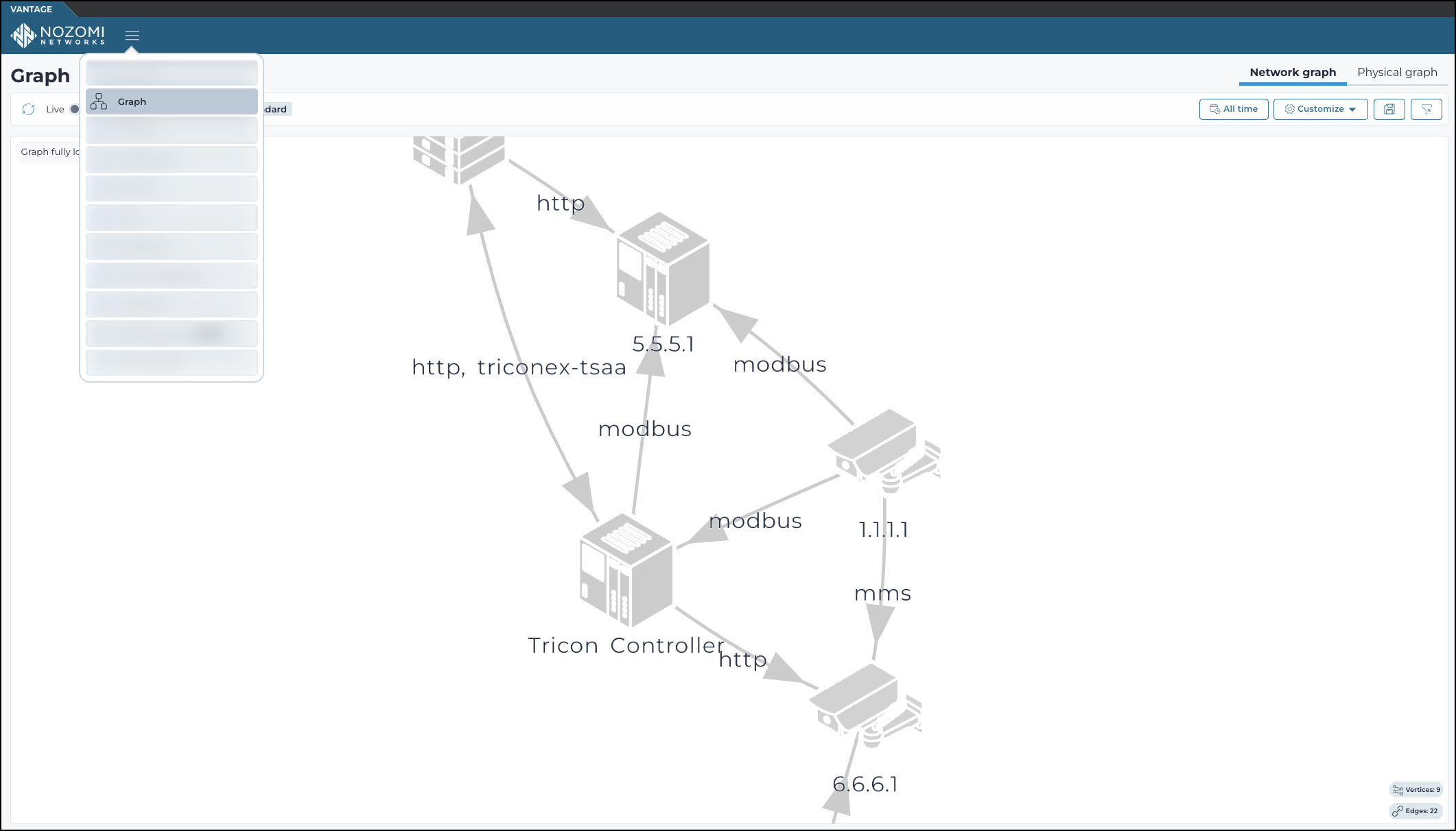 Graph view displaying interconnected network assets with labeled communication protocols such as HTTP, Modbus, and MMS between nodes.