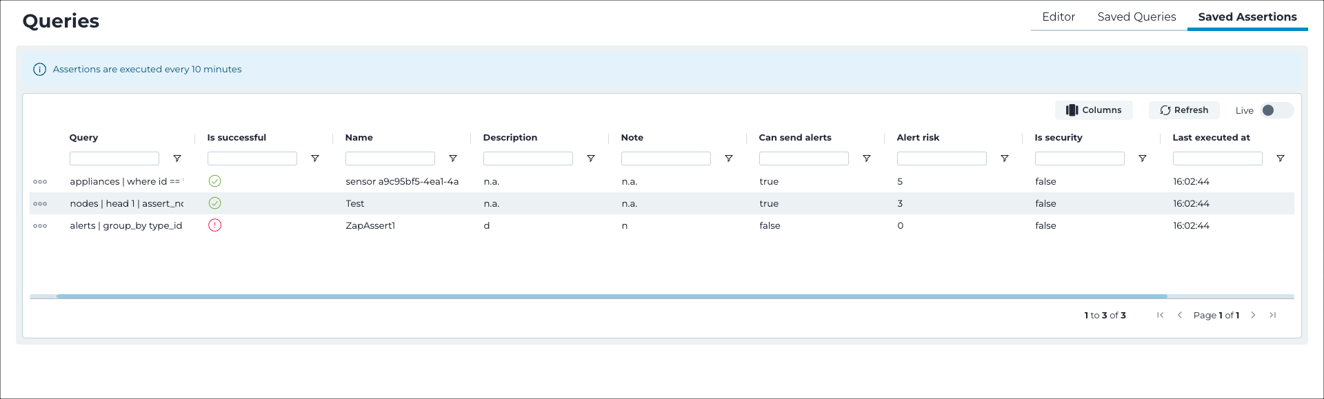 Saved Assertions page