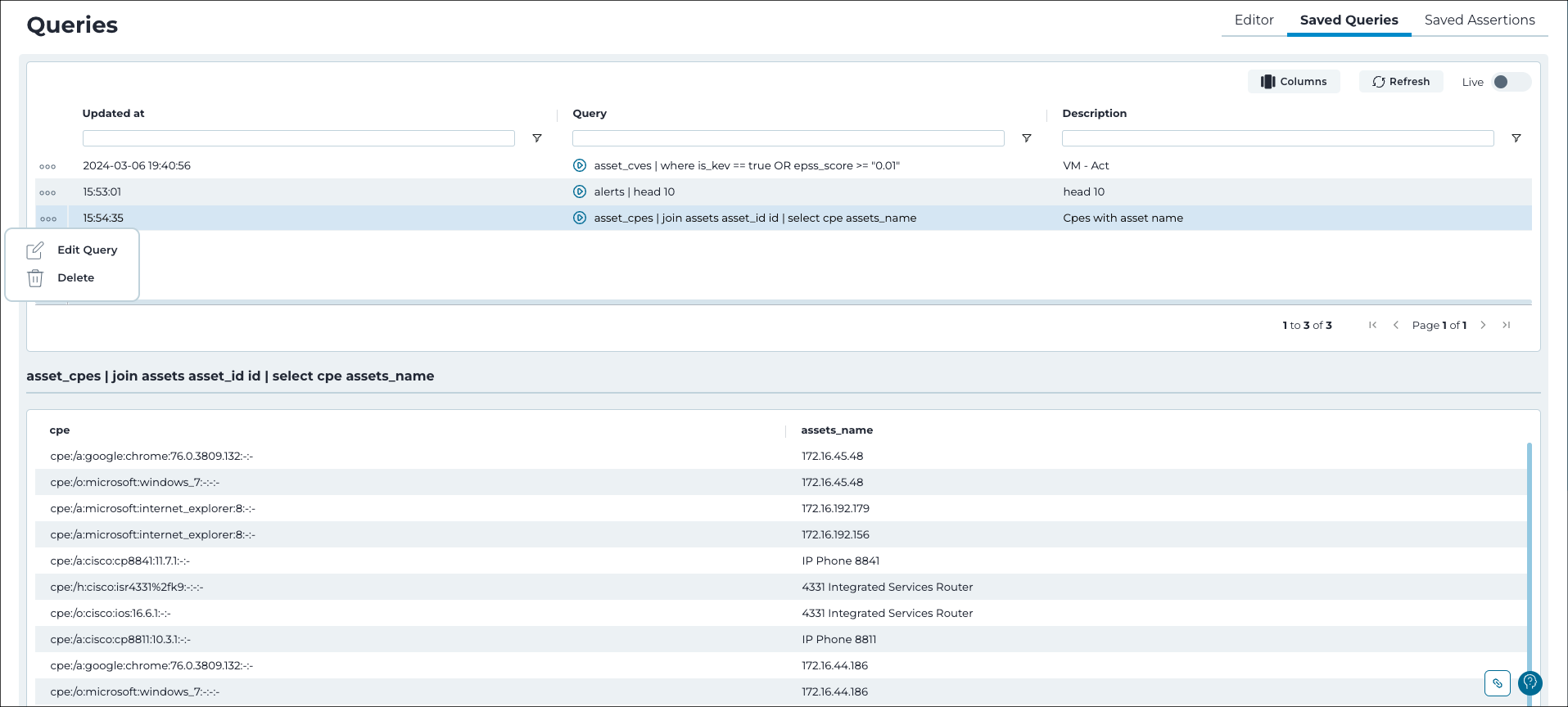 Saved Queries page