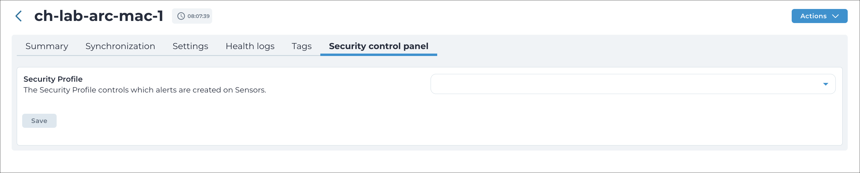 Security control panel tab