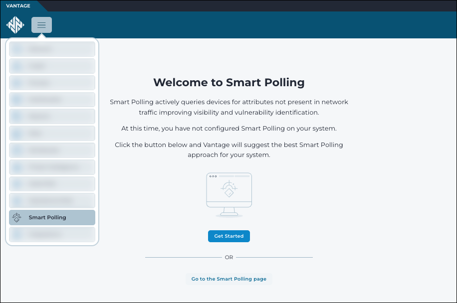 The Smart Polling welcome page displaying options to get started or go to the main page when no plans currently exist.