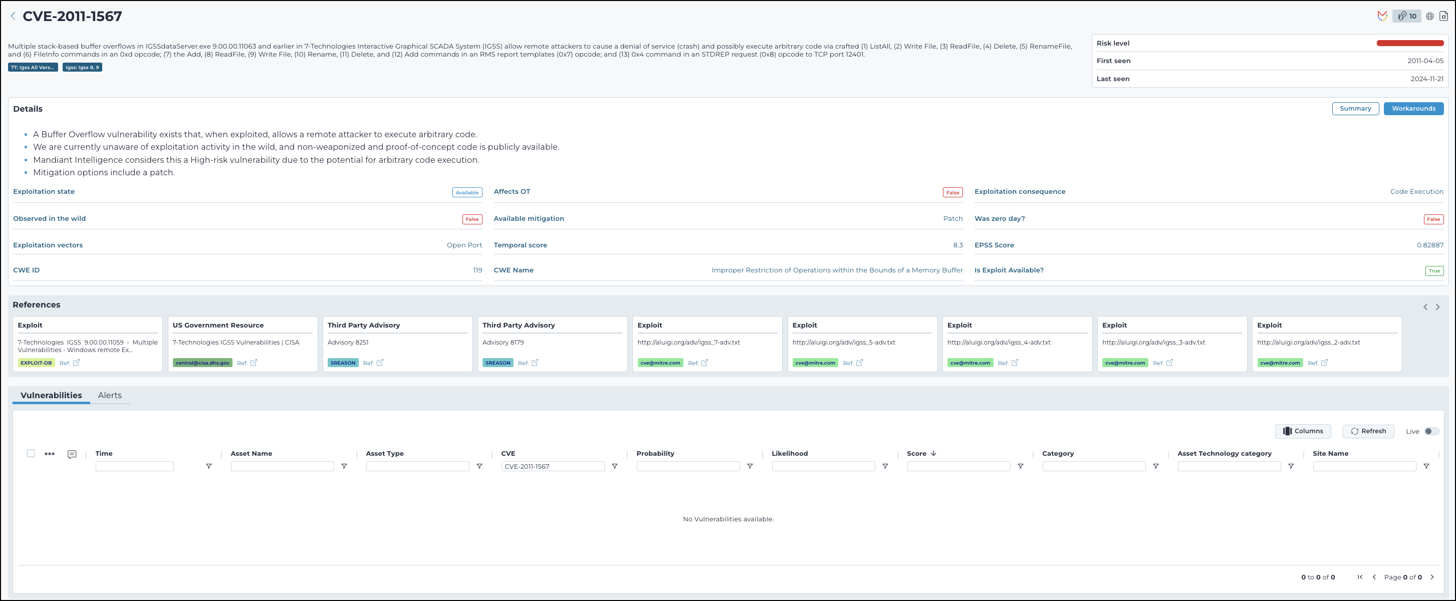 View of details page of a vulnerability threat card