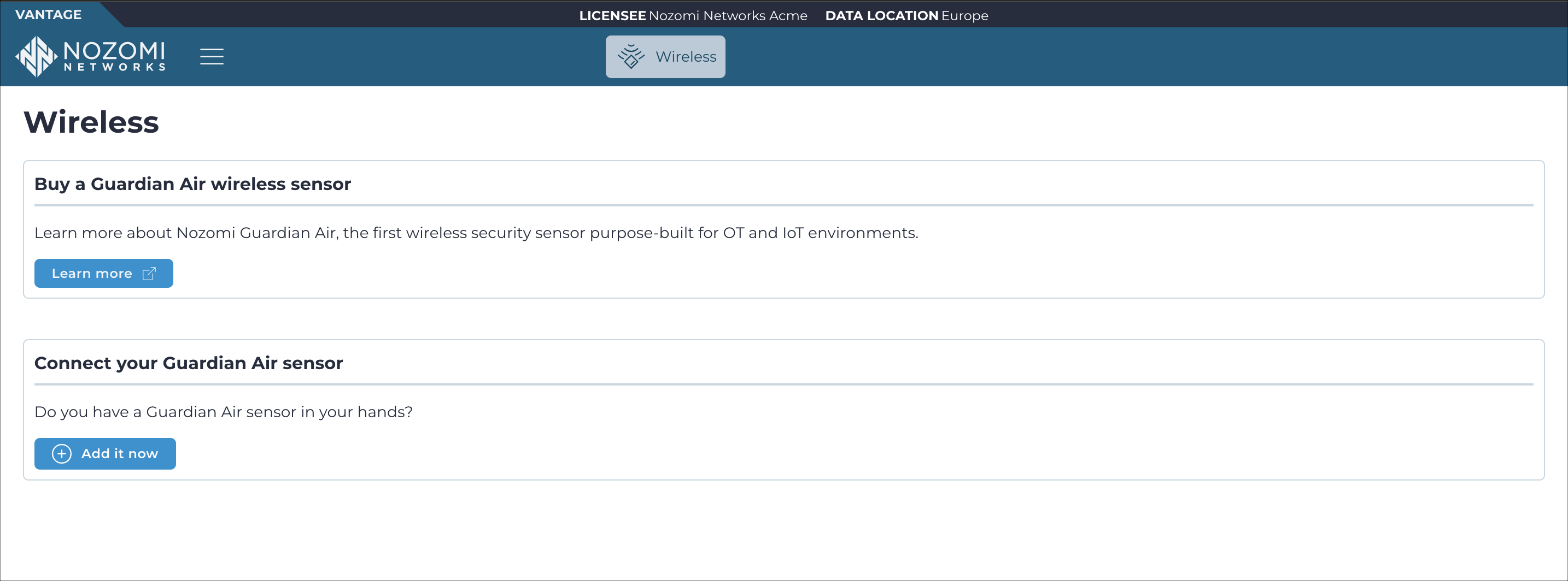 Wireless page (before a Guardian Air sensor has been added)