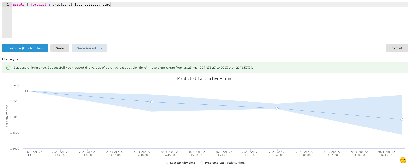 Vantage IQ query result showing a 3-step forecast of asset creation and last activity times