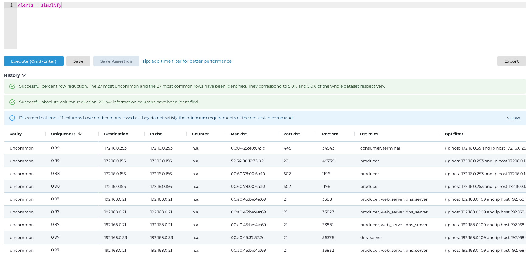 Vantage IQ query result showing the rows and columns with the highest information content in alert data