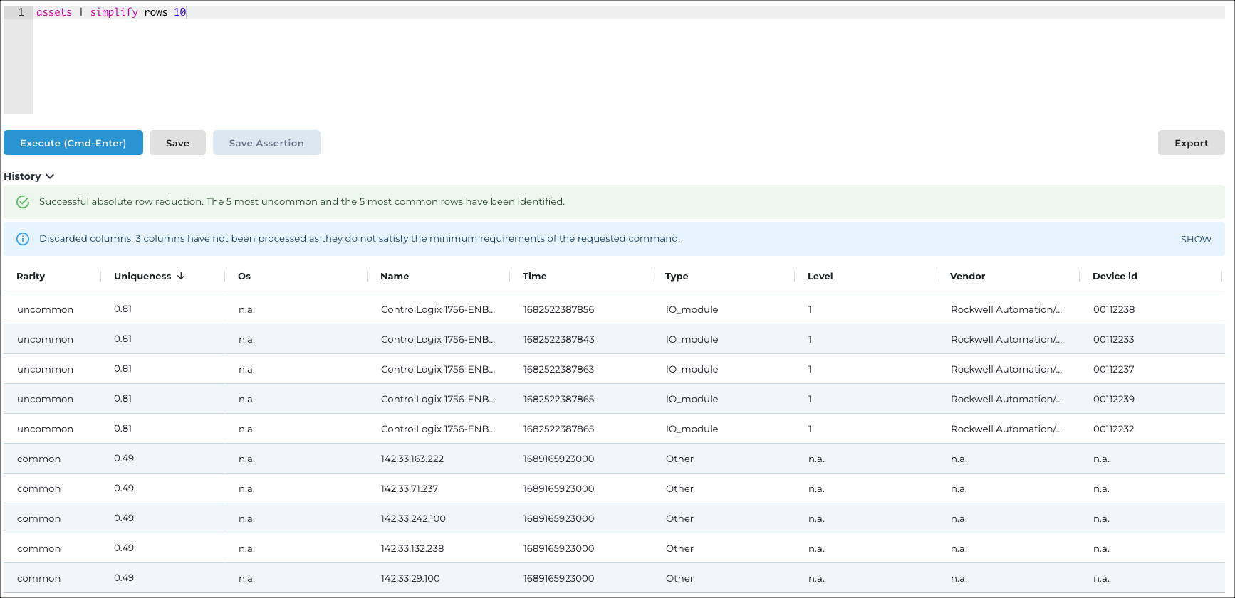 Vantage IQ query result showing the top 10 most informative rows from asset data