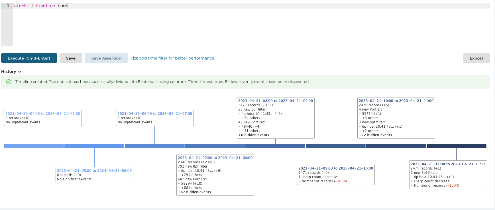 Vantage IQ query result showing the most significant alert events in chronological order