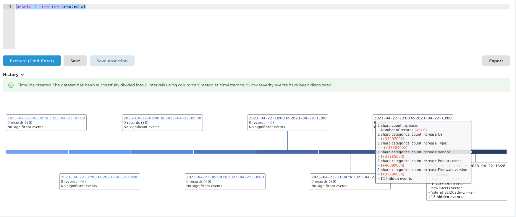 Vantage IQ query result showing the most significant asset events in chronological order by creation date