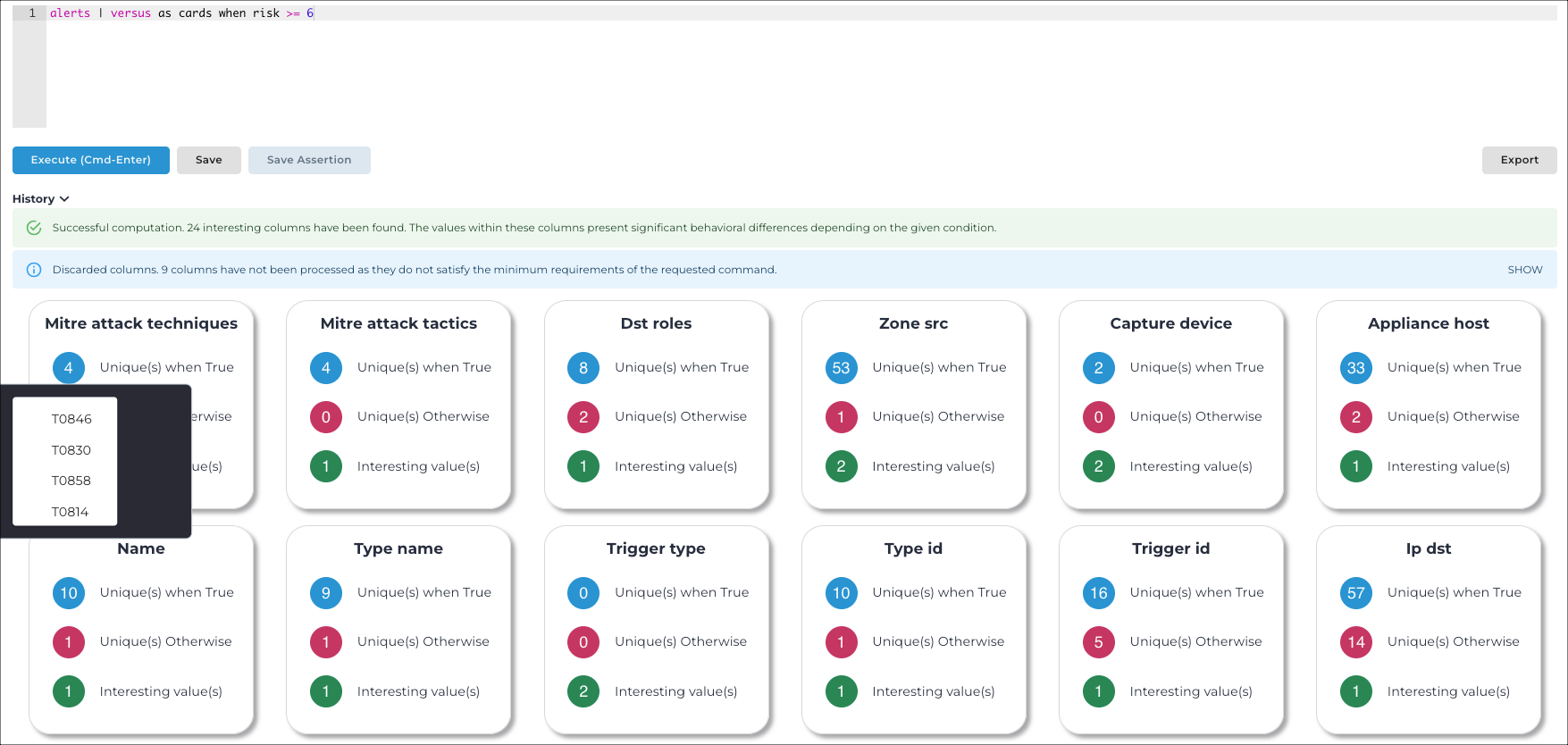 Vantage IQ query result comparing high-risk and lower-risk alerts as cards