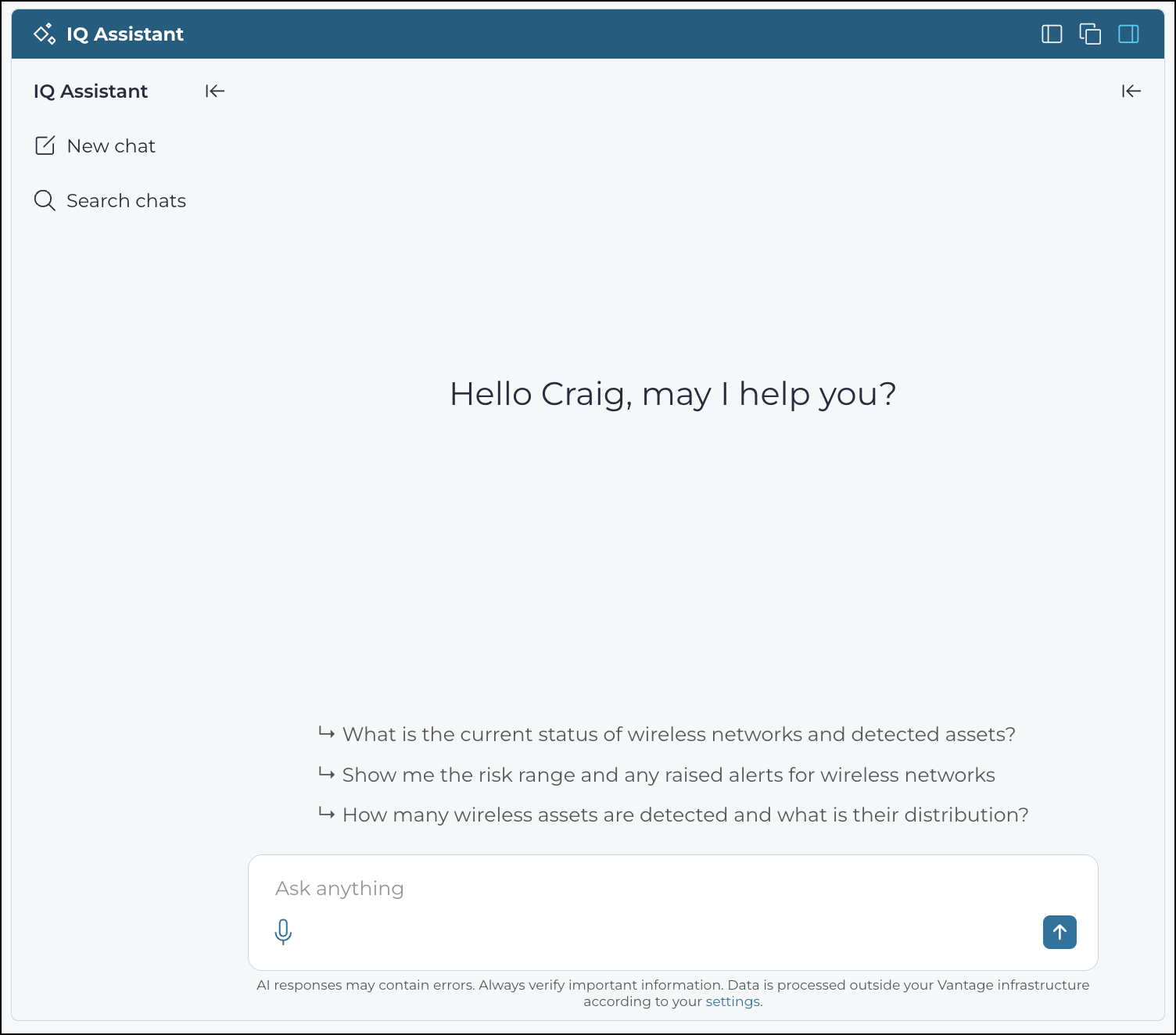 IQ assistant widget panel with the sidebar expanded, showing New chat and Search chats on the left, a welcome message, and three page-aware suggested questions