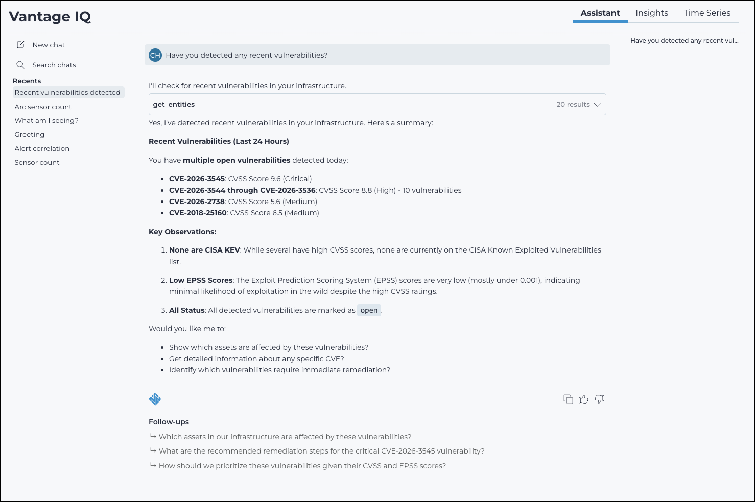 Vantage IQ Assistant displaying a query and results that identify assets with cleartext password issues