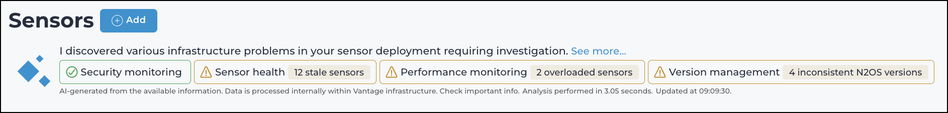 Vantage IQ insight summary bar shown at the top of the Sensors page