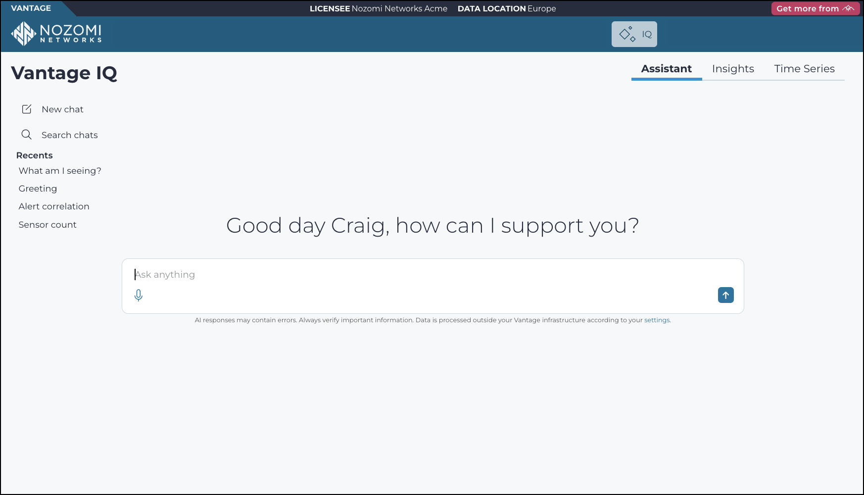 Vantage IQ Assistant interface with a welcome prompt and search input field