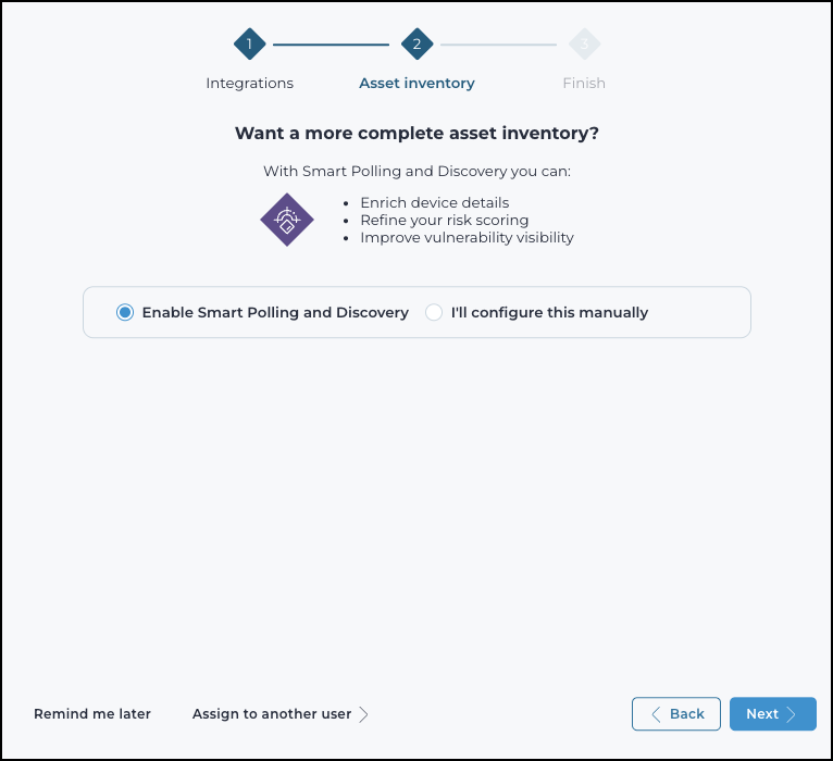 The Asset Inventory page prompts the root administrator to enable Smart Polling and Discovery or configure these settings manually, with navigation options to go back or continue.