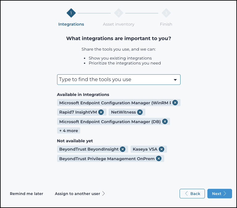 The Integrations page shows a search field and a list of available integrations such as Microsoft Endpoint Configuration Manager, Rapid7 InsightVM, and NetWitness, with options to continue or defer setup.