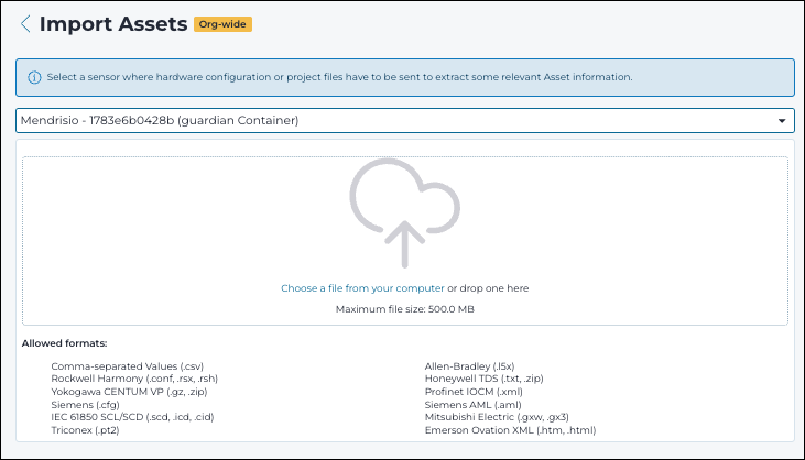 Import assets page showing the file upload area and file format confirmation message