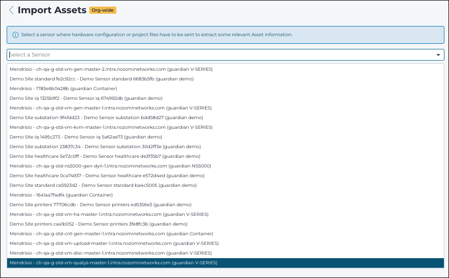Import assets page showing the sensor selection dropdown