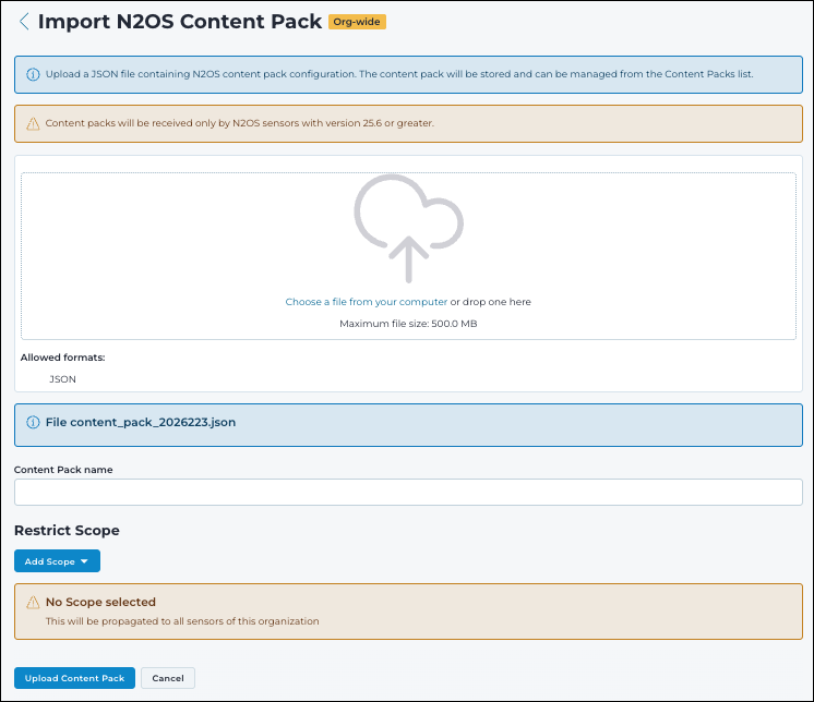 Import N2OS Content Pack page showing the file upload area and content pack name field