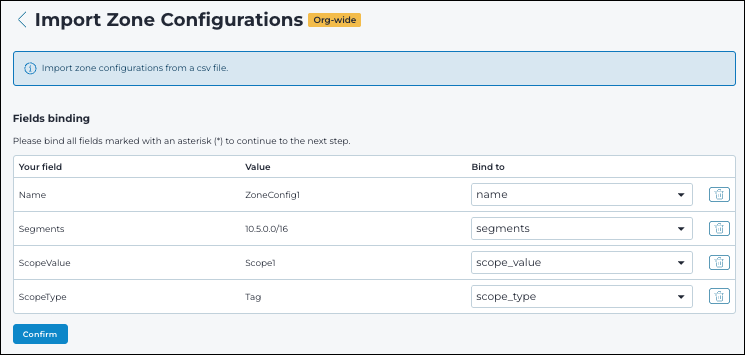 Import Zone Configurations Review step showing a summary of zone configurations to be created or updated