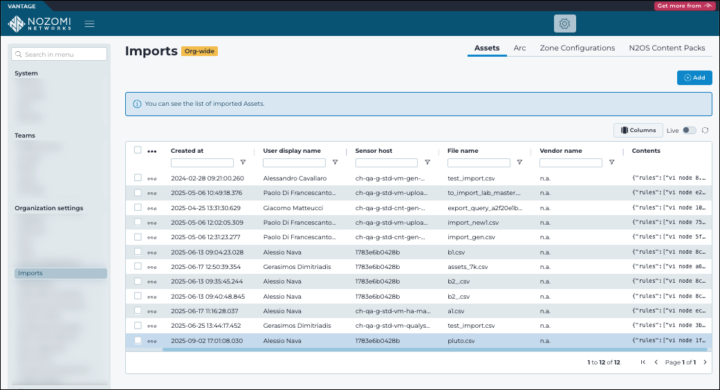 The Imports page with four tabs: Assets, Arc, Zone Configurations, and N2OS Content Packs